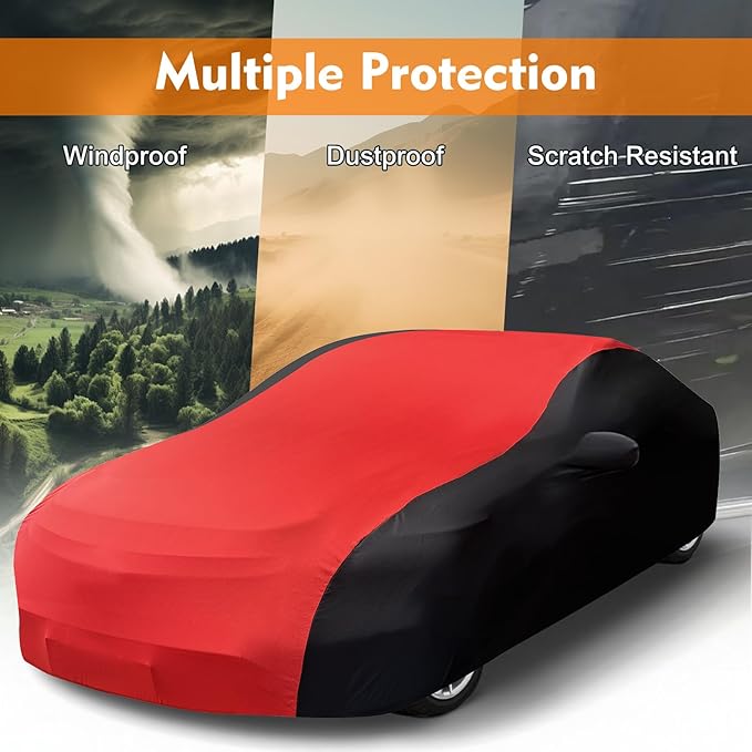 Indoor Car Cover, Universal Stretch Satin Windproof Dust Protection for 181-197 Inch Cars, Breathable Soft Full Cover with Storage Bag for Underground Garage, Car Show, Red & Black