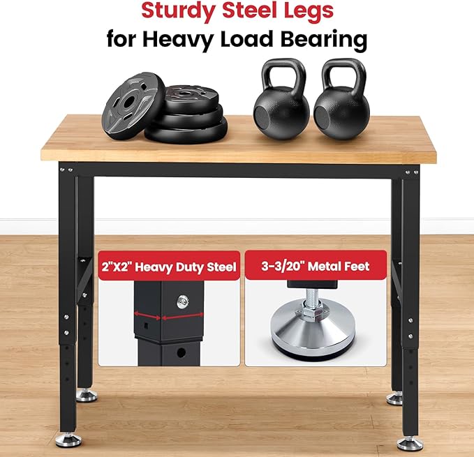 ENJOYWOOD 41" x 20" Adjustable Height Workbench for Garage Heavy Duty Rubberwood Top Work Table 1500 LBS Capacity Work Bench for Workshop, Office & Home