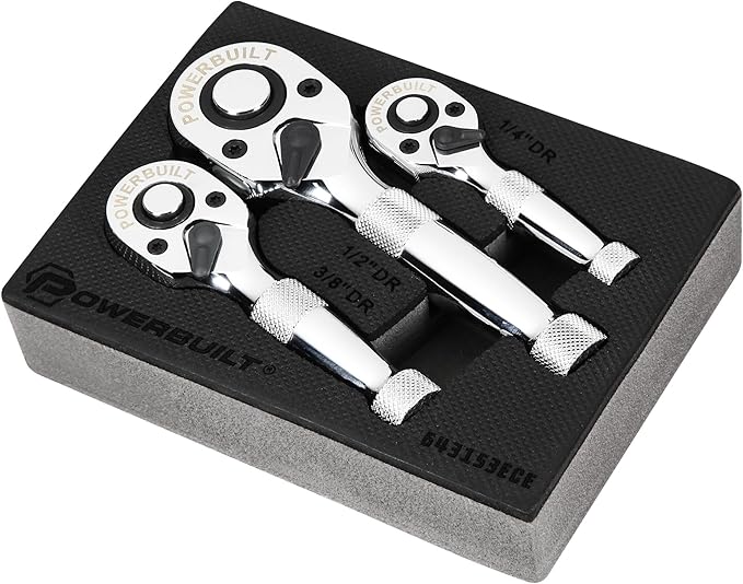 Powerbuilt 3 Piece 1/4-Inch, 3/8-Inch and 1/2-Inch Stubby Ratchet Set, Quick-Release Reversible 90 Tooth, Tight Spaces, Mini Small Ratchet Wrench - 643153ECE