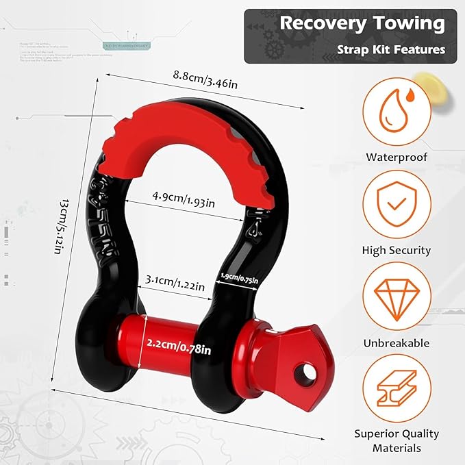 Longzhuo Kinetic Recovery Rope 48000lbs, 1" x 24ft Tow Rope with D Metal Ring Shackles, Heavy Duty Offroad Towing Straps Kit, 30+% Elasticity Tow Ropes for Trucks SUV UTV ATV Tractor Car Jeep,2 Gloves