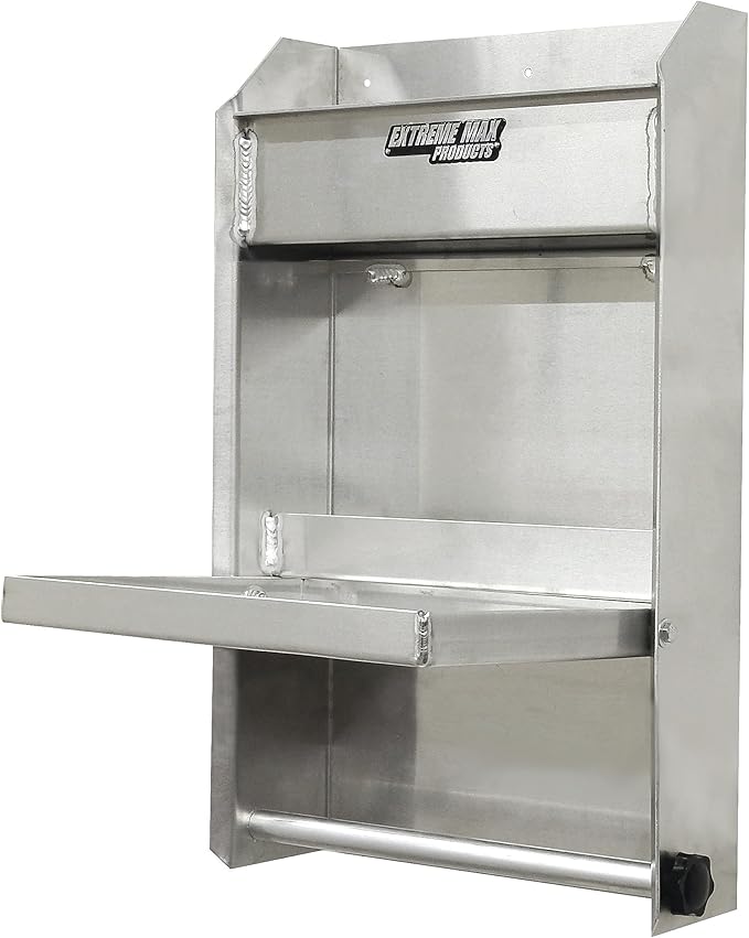 Extreme Max 5001.6053 Junior Aluminum Work Station Storage Cabinet Flip-Out Work Tray with Paper Towel Rack Organizer for Enclosed Race Trailer Shop Garage Storage,Silver
