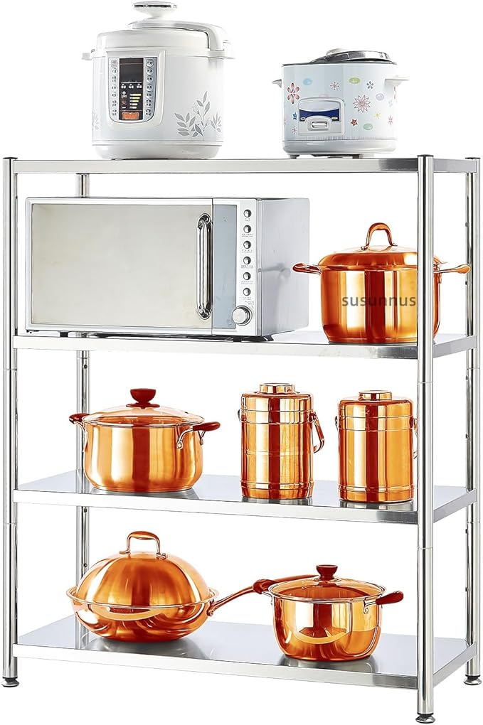 susunnus 4-Tier Stainless Steel Shelf, Heavy Duty Shelving for Kitchen, Garage, Industrial Storage, Kitchen Shelves Adjustable Feet, Easy to Clean(35.8in*15,8in Without Guardrails)