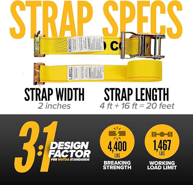 US Cargo Control E Track Straps 2" x 12' (2-Pack), 4,400 LBS Break Strength, Yellow Heavy Duty E Track Ratchet Straps with 4' Fixed End and Spring E-Fittings, Logistic Tiedowns for Box Trucks, Vans