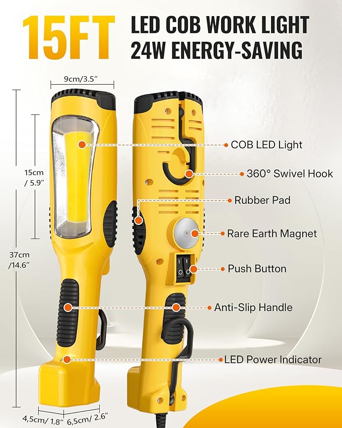 24W LED Work Light, 15FT 3000LM COB LED Light, Handheld Underhood Trouble Light with Cord 16 Gauge SJTW, Swivel Hook, for Garage, Workshop, Car Repair Scene, ETL Listed, Yellow Y05WL06