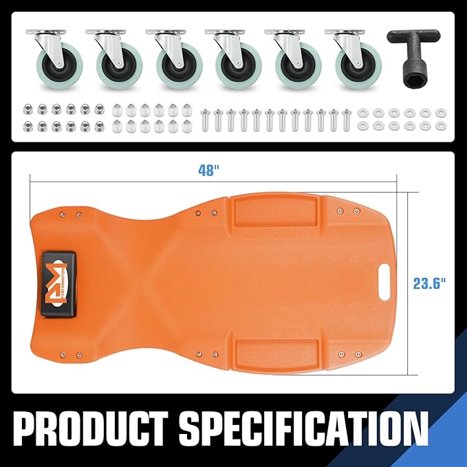 PM PERFORMOTOR Inches Heavy-Duty Low-Profile Roller Automotive Creeper with Padded Headrest, Orange, PM-TOL-CPC48-OG
