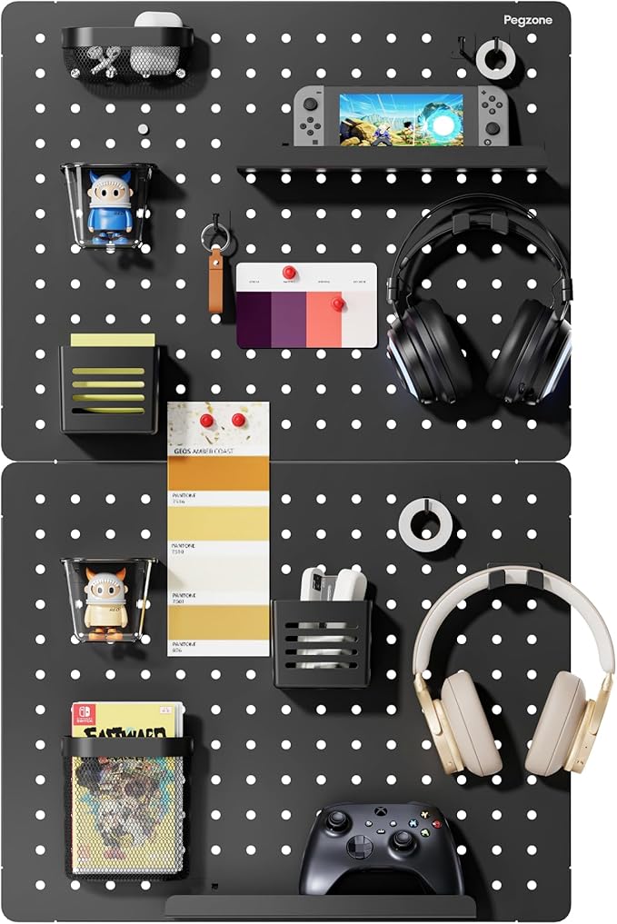 PEGZONE Pegboard Wall Organizer Combination Kit,Overall 33.1"x20.5" Metal Office Pegboard with 19 Accessories, Wall Mounted Peg board Display Panels for Home, Gaming Room, Garage (2Pcs,Black)
