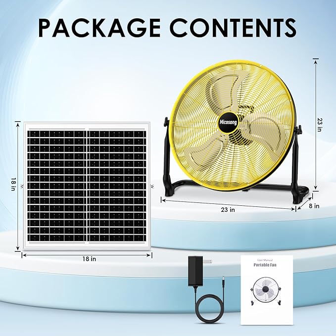 20'' Large Solar Fan, Portable Battery Operated Fan, Wireless Camping Fan Outdoor, Rechargeable Solar Powered Floor Fan, 360° Tilt, USB Output, for Home Gazebo Greenhouse Outside Gym