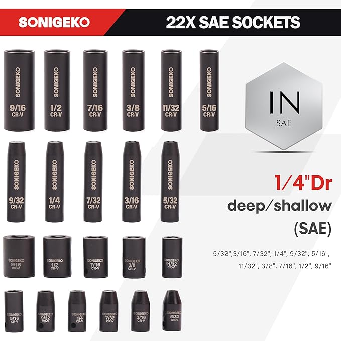 SONIGEKOSocket Set 1/4" Drive Impact Socket Set,55-Piece 6 Point Deep,Standard SAE and Metric CR-V Steel Sockets with extension bars: 2",4",6",Universal Joint, Adapter (1/4" 55 PCS SAE & Metric)