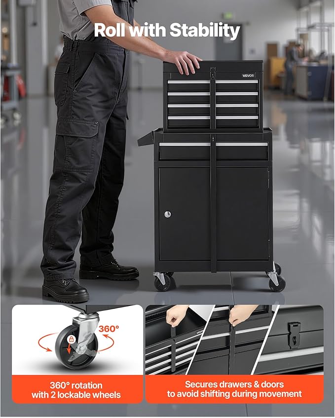 VEVOR Rolling Tool Chest, 2-in-1 Design, 5 Drawers Tool Cabinet Organizer with Detachable Top Metal Toolbox, Lock Bar, Protective Liner, and Tools Rack, Garage Storage Cabinet for Warehouse, Workshop