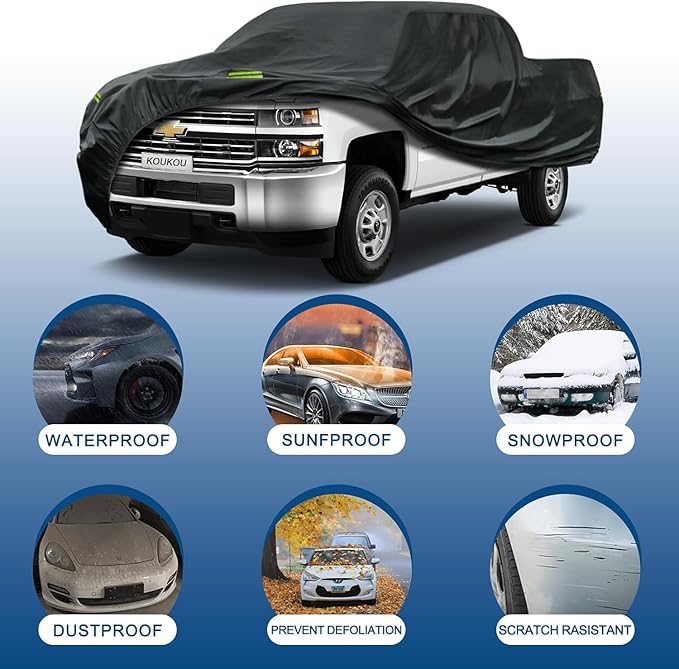 KouKou Truck Cover Waterproof All Weather, 7 Layers Heavy Duty Pickup Cover Outdoor Length from 229 to 242 inches,Universal Fit Truck Ford 150,Ram 1500,Chevy Silverado,Toyota Tundra etc.