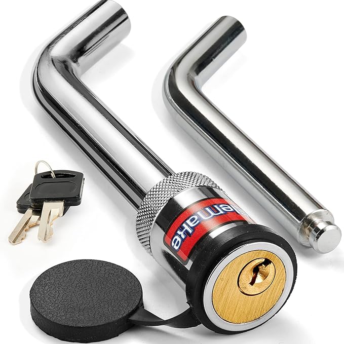 Elemake Trailer Hitch Lock, Anti-Rust Brass Core Hitch Pin Lock with 1/2" and 5/8" Dual Pins, Extra Long 3-1/2" Effective Length for Class I-V Receivers (1-1/4", 2", 2-1/2"), 20,000 LBS Towing