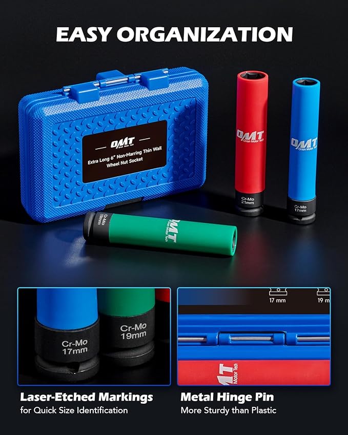Orion Motor Tech Lug Nut Socket Set, 3pc 1/2" Drive Extra Long Impact Sockets with 17mm 19mm 21mm Metric Sockets, 6" Thin Wall Wheel Lug Nut Deep Sockets with Colored Protective Covers & Carry Case
