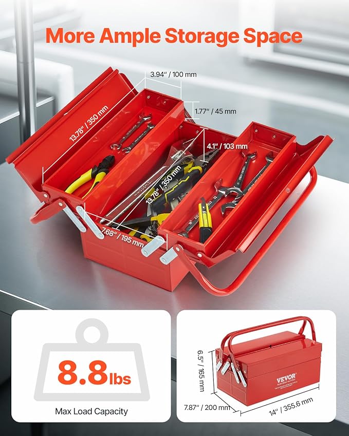 VEVOR Metal Tool Box, 14-inch, 2-Tier 3-Tray Portable Folding Tool Chest Organizer with Handle & Lock Hole, Powder Coated Steel, Cantilever Toolbox for Household Factory Warehouse Repair Shop, Red