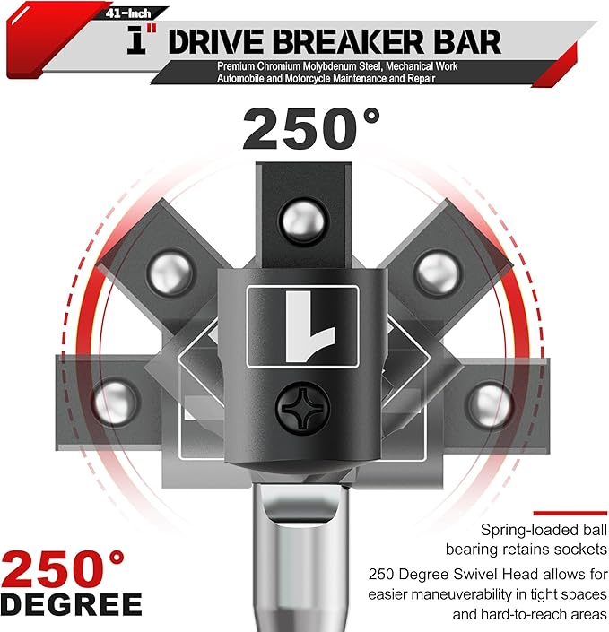 41-Inch 1” Drive Breaker Bar, Heavy Duty Extension Breaker Bar, 250° Rotatable Head, Premium Chromium Molybdenum Steel, Mechanical Work, Automobile and Motorcycle Maintenance and Repair