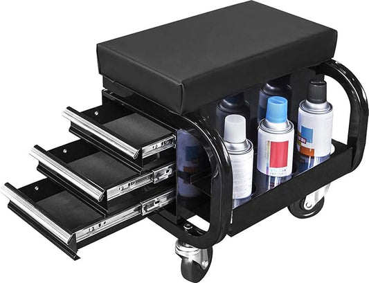 Torin APD2016AB Rolling Tool Chest/Tool Box with 3 Drawers and Wheels, Padded Mechanic Stool Creeper Seat, Black