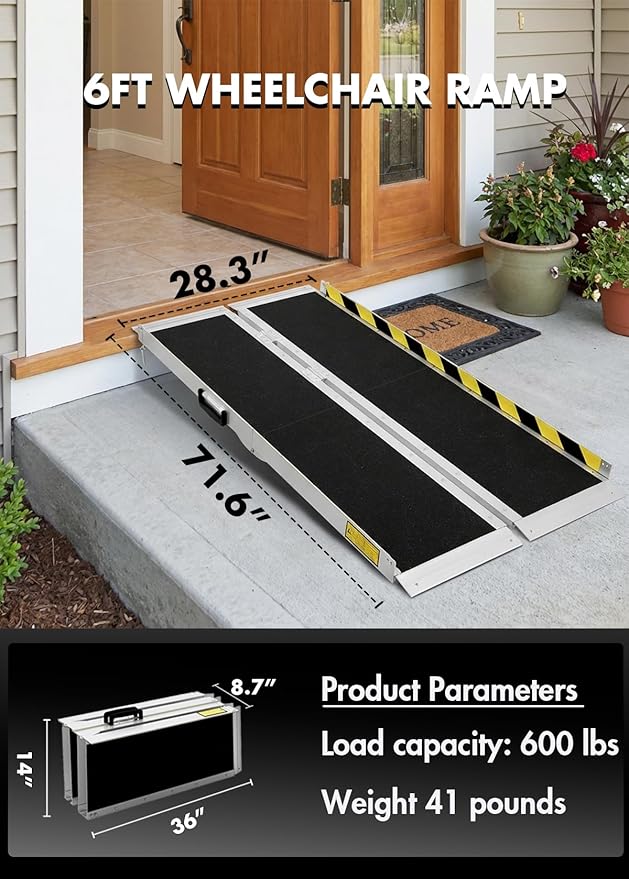 Wheelchair ramp 6FT,Non-Slip Aluminum Wheelchair ramps for Home Steps,Folding Handicap Ramp,ramps for Home,doorways,Stairs,Weight Capacity up to 600LBS 6FT (Usable Height 6-18 inch)