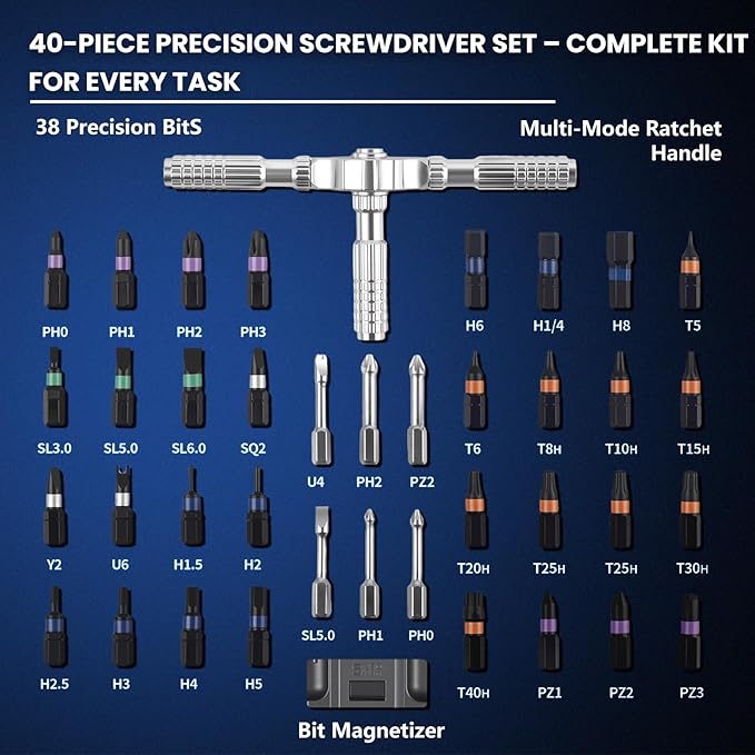 Ratcheting Screwdriver Set, 40-in-1 Magnetic Multi-Bit Driver with Dual-Direction Ratchet, Detachable T-Handle, Magnetic Booster, Extended Grip & Storage Box for Home Repair, Appliances & DIY