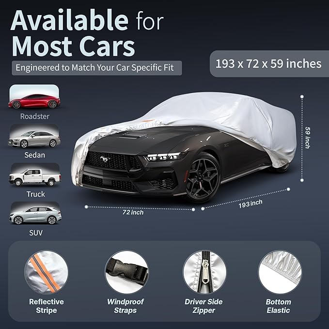 Car Cover Waterproof All-Weather,Heavy-Duty Outdoor Full Exterior Automobiles Snow Cover for Sedan/Coupe 186-193 inch,with Sun Visor,Anti-Scratch Cotton Lining & Zippered,Towel&Storage Bag