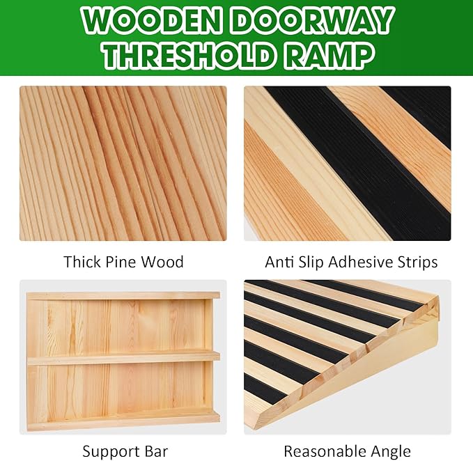 8" Rise Wooden Threshold Ramp for Home Steps, Door Ramp for Wheelchair/Walker/Cart/Scooter, Multipurpose Door Ramp with Non-Slip Stripes(35.4" W*8.0" H, Solid Wood, 800LBs Capacity)