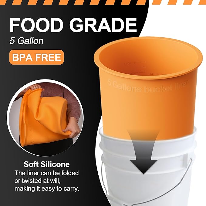 5 Gallon Bucket Liner Reusable Bucket Saver for Concrete Mix Thinset Paint, Reusable Silicone Bucket Pail Liner for Kitchen, Outdoor, Gardening, Camping, Thinset & Paint,Orange
