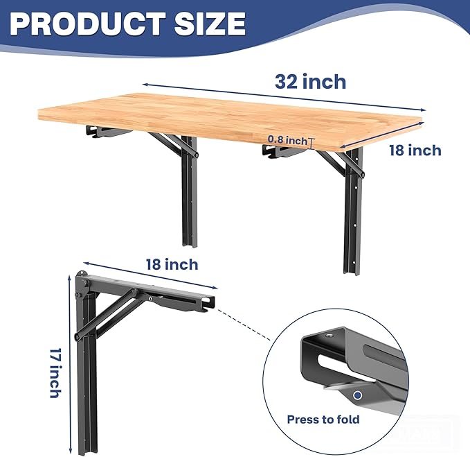 WALMANN Space Saving Wall Mounted Folding Workbench, Heavy Duty Folding Wall Table/Desk for Garage, Workshop, Holds Up to 550 lbs(Tabletop Size: 32 x 18inch)