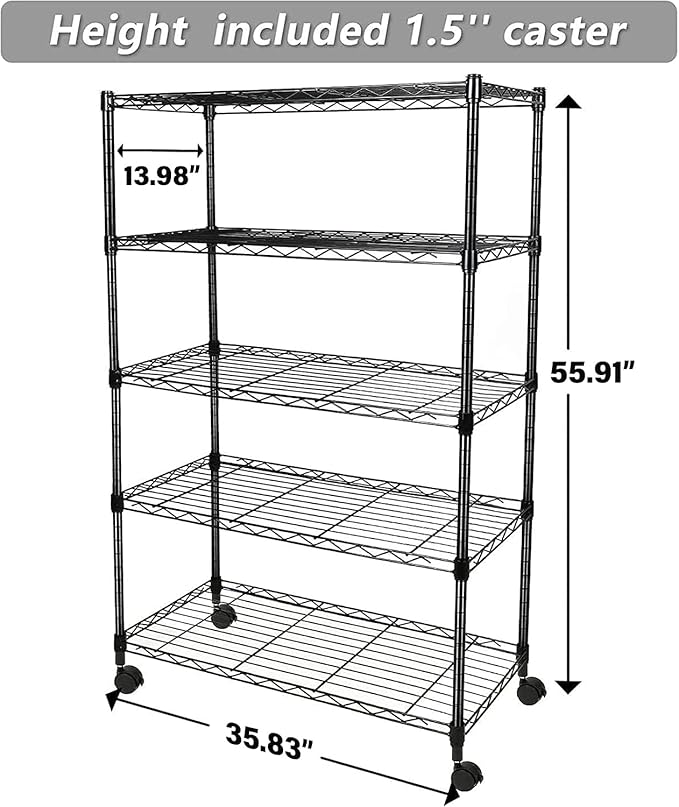 Simple Deluxe Heavy Duty 4-Tier Storage Shelving Unit, 35.83" W x 13.98" D x 55.91" H, 1000 Lbs Loading Capacity, Black