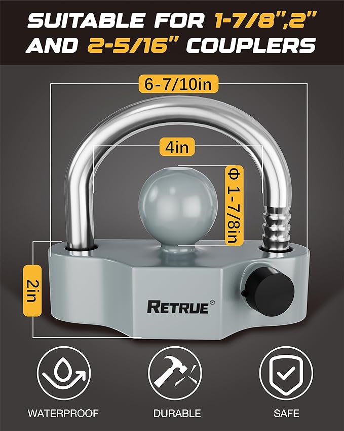RETRUE Heavy-Duty Universal Coupler Lock Trailer Locks Ball Hitch Trailer Hitch Lock Adjustable Security Steel Fits 1-7/8 Inch, 2 Inch, 2-5/16 Inch Couplers Grey & Silver