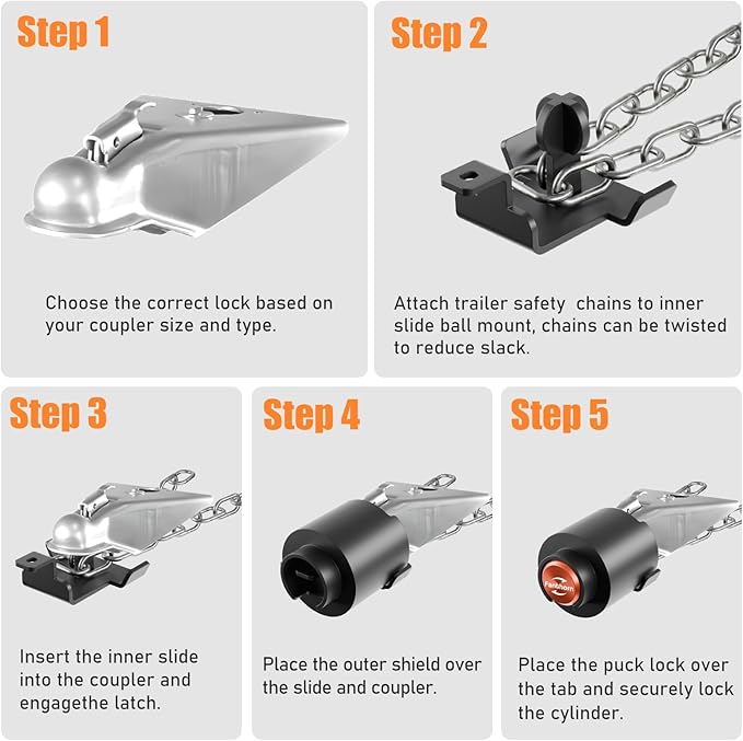 Heavy Duty Trailer Hitch Locks Fits 2" and 2-5/16" Couplers, Upgraded Anti Theft Trailer Tongue Lock Secure with Coupler and Safety Chain, Trailer Lock for RV Camper Trailer Truck Pickup Boats(Orange)