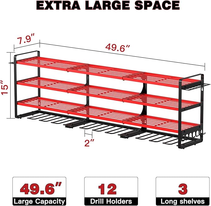 NattyDot 48" Large Power Tools Organizer Wall Mount,12 Drill Holder for Garage, Workshop Heavy Duty Storage Rack (Red)