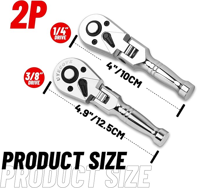 1/4 3/8 Inch Drive Stubby Ratchet Set, Flex Head Ratchet Set Stubby Ratchet Wrench Set, 72 Tooth Quick Release Swivel Head Ratchet Flexible Socket Wrench with Storage Tray-4"&4.9"