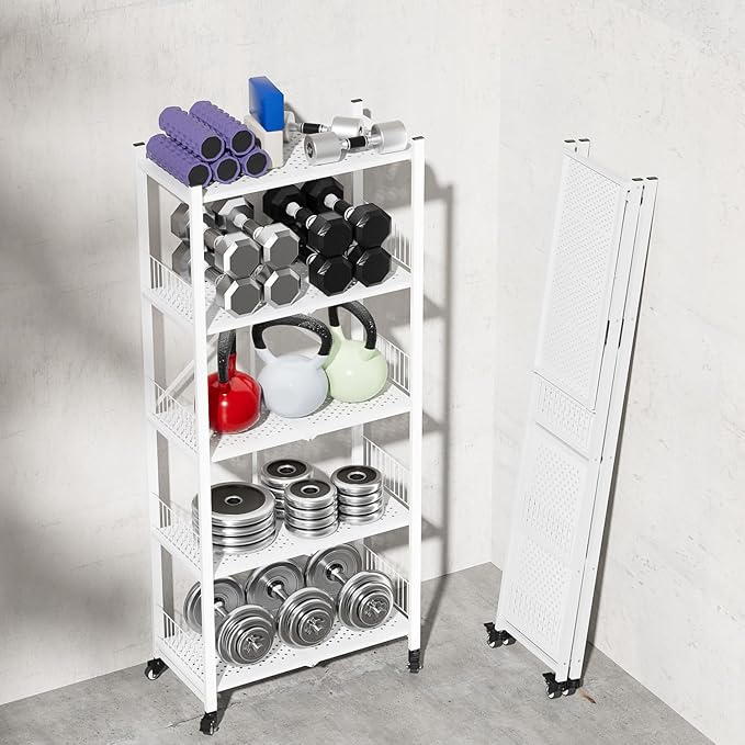 5-Tier Folding Shelves with Wheels, 1100LBS Heavy Duty Metal Foldable Shelving Unit, No Assembly Collapsible Storage Rack Organizer for Garage, Kitchen, Pantry, Basement, Gym - White