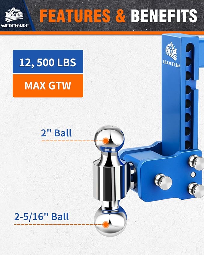 METOWARE Adjustable Trailer Hitches Fits 2 Inch Receiver, Adjustable Ball Mount with 8-Inch Drop/Rise (12,500 LBS GTW), Dual Ball (2" x 2-5/16") and Anti-Theft Stainless Steel Trailer Lock (Blue)