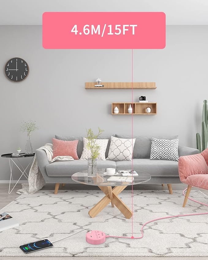 Pink Extension Cord 15ft, NTONPOWER Flat Plug Power Strip with Long Extension Cord, 3 Outlet 2 USB Desktop Charging Station Wall Mount for Home, Dorm Room, Office and Nightstand, ETL Listed