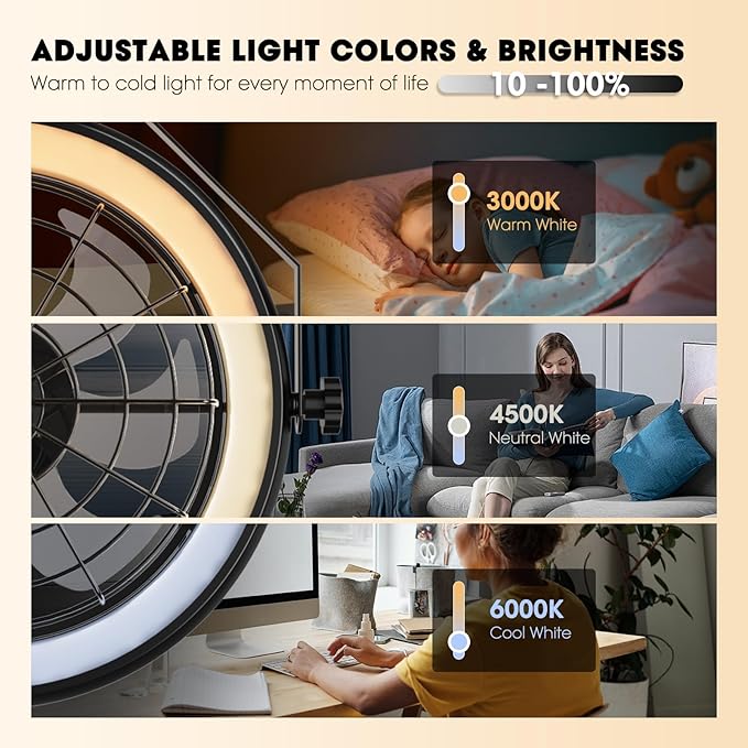Wall Mounted Fan with Lights, 23” Wall Mount Fan with Remote, 6 Speeds Plug in Wall Fan, Reversible, 3CCT, Dimmable, Noiseless, 360°Adjustable Tilt for Workshop, Patio, Home