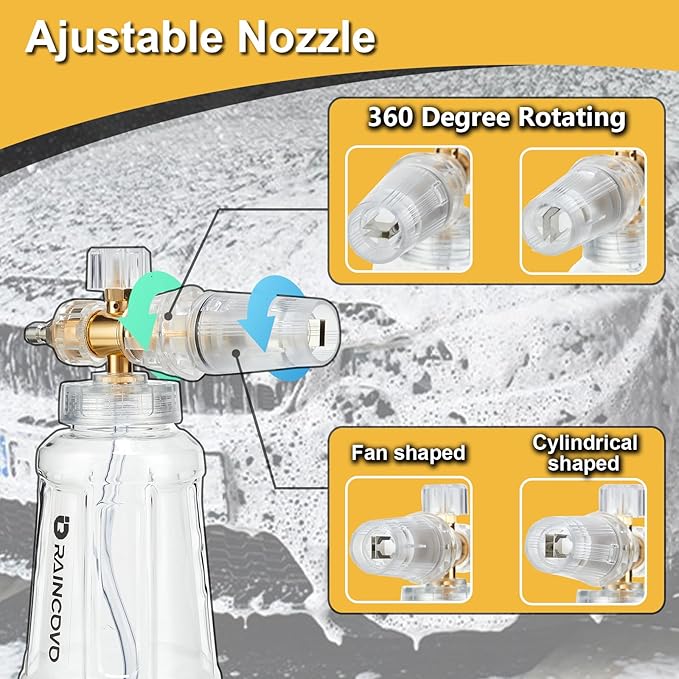 Foam Cannon with Short Pressure Washer Gun, Dual Connector Accessories, Snow Soap Attachment for Car Wash, 5 Nozzles Tips with Holder, 1/4” Quick Connect, Additional 1.1 mm Orifice Nozzle