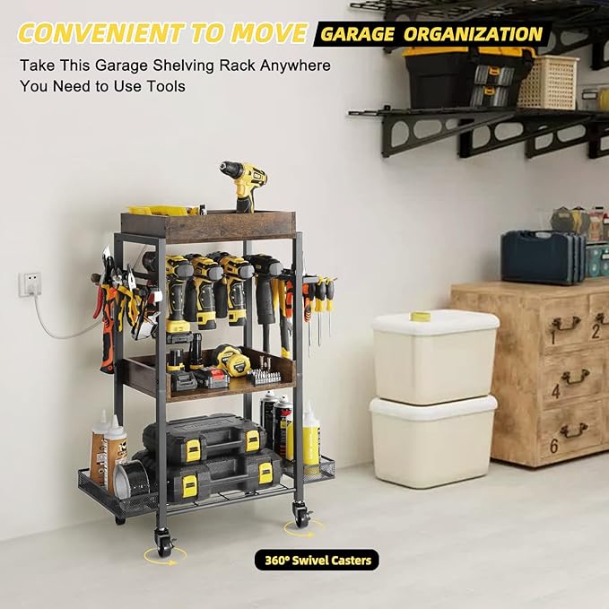 Olakee Power Tool Organizer Garage Storage Organization Shelving Tool Holder Drill Rack Shelf Rolling Cart Open Tool Chest Cabinet Box Organizer with Wheels Workshop Garage Gift Ideas for Men Dad