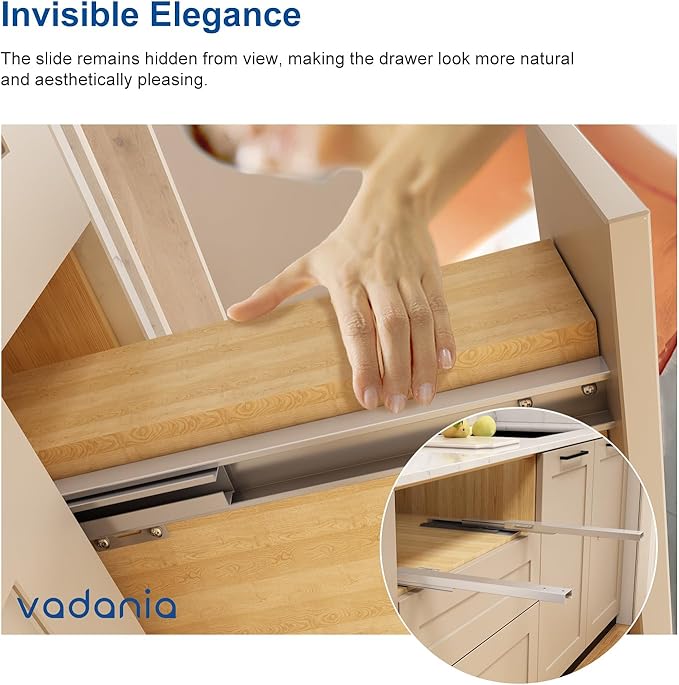 VADANIA 12" Undermount Drawer Slide, Push to Open, Bottom Mounted & Bottom Support, 88 lb Load Capacity, 3-Fold Full Extension, Invisible Drawer Slies,1 Pair(2-Pack)