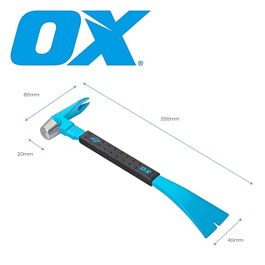 OX Tools 10" Molding Pry Bar Cats Paw Nail Puller Tool with Wide Chisel Blade - Non-Slip Grip Claw Bar with Hammer Head - for Trim and Nail Removal OX-P083110