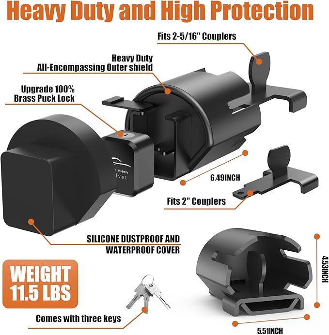 Trailer Lock Fits 2" and 2-5/16" Couplers - Heavy Duty Anti-Theft Trailer Hitch Locks, Ultra-Thick Solid Steel Trailer Coupler Locks Tongue Lock, Camper Accessories for RV, Trailer, Boat