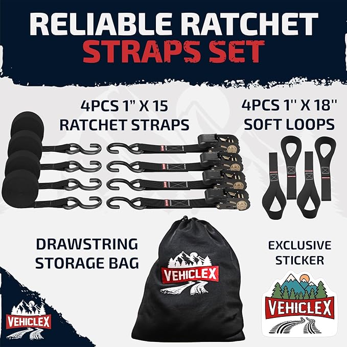 Ratchet Tie Down Straps (1,800 lbs Break Strength) - Vehiclex 15 Ft Versatile Straps for Powersports, Garage, and Outdoor Use - Soft Loops, Deep S-Hooks & Comfort Grip Handle (4 Pack, Black)