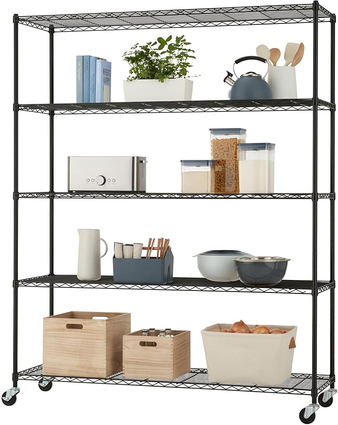 5-Tier Adjustable Wire Shelving with Wheels, Wire Shelf Rack for Kitchen Organization, Garage Storage, 500 to 2500 Pound Capacity, NSF Certified, 60” x 18” x 72”, Black