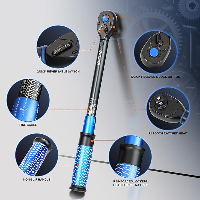 UPGRADE 3/8" Drive Click Torque Wrench,5-50Ft.Lb,Dual-Direction Adjustable 72 Tooth Click Torque Wrench for Bike, Motorcycle,Professionals & DIYers,Blue