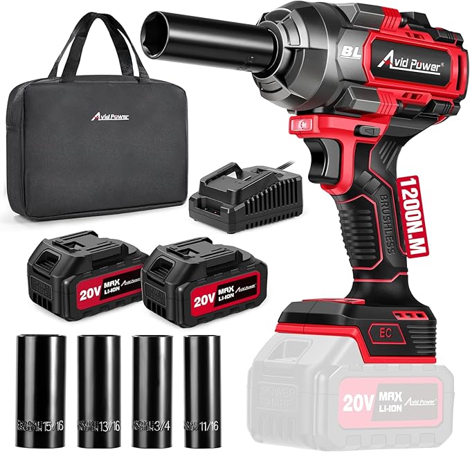 AVID POWER Cordless Impact Wrench Kit 900 Ft-lbs (1200 N.M), 2*4.0 Ah Batteries 20V Brushless High Torque Impact Gun for Car Tire Changes and Lug Nut & Bolts Removal |Fast Charger, Sockets & Tool Bag