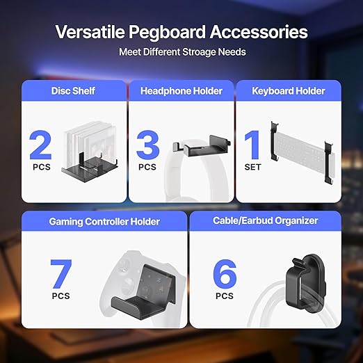 PEGZONE Controller and Headphone Holder Wall Mount, Modular Gaming Pegboard with Accessories, Controller Stand for Xbox PS5 PS4 Switch, Video Game Storage, Disc Shelf Organizer, 14pcs Pegboard, Black