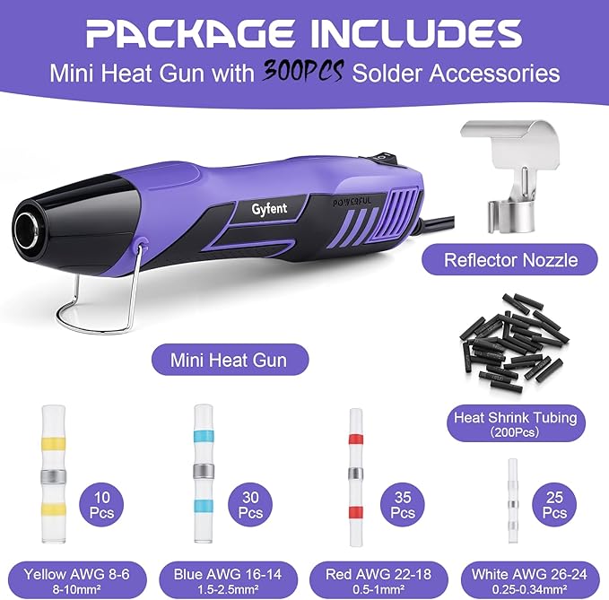 Heat Gun with 100Pcs Solder Seal Wire Connectors & 200Pcs Heat Shrink Tubing, 662°F/752°F(350°C/400°C) 350W 2-Temp Mini Heat Gun with 5Ft Power Cord for Crafting Shrink Tubing Embossing DIY