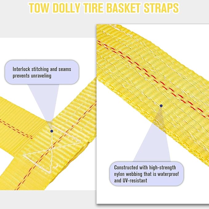 Tow Dolly Basket Straps, Car Dolly Wheel Straps with Flat Hook Fits 15"-19" Tires Wheels Auto Vehicle 10,000 Lbs Breaking Strength (Yellow)