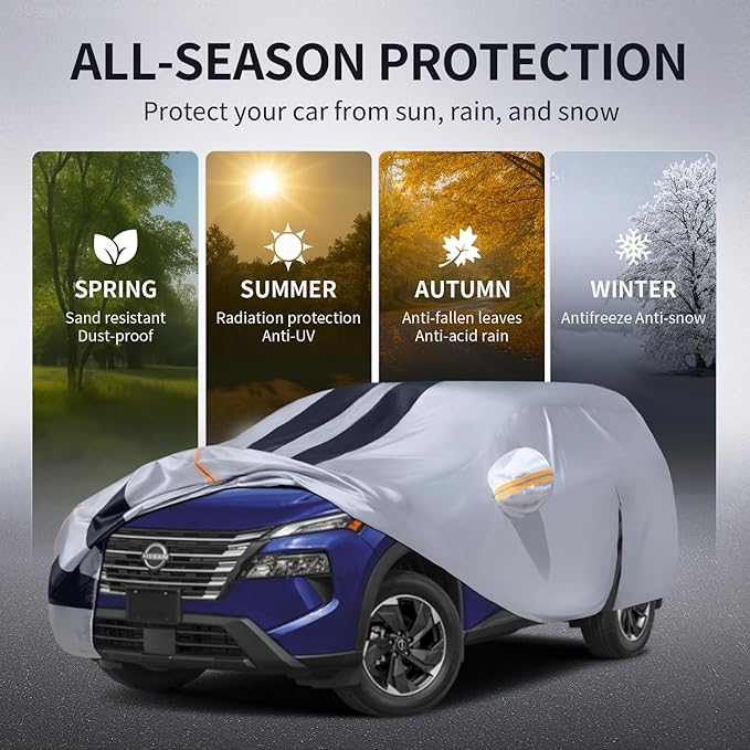 Multi-Layer Car Cover Custom Fit for Nissan Rogue(2016-2026), 100% Waterproof All Weather for Automobiles, Gift with Towel, Heavy Duty Car Covers for Rain Sun UV Protection with Door Zipper