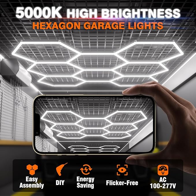 Hexagon Garage Lights, 8-HEX 350W 5000K Daylight Garage LED Lights, Modular Honeycomb Shop Light for Detailing, Workshop, Home Gym, Warehouse, DIY Workspace
