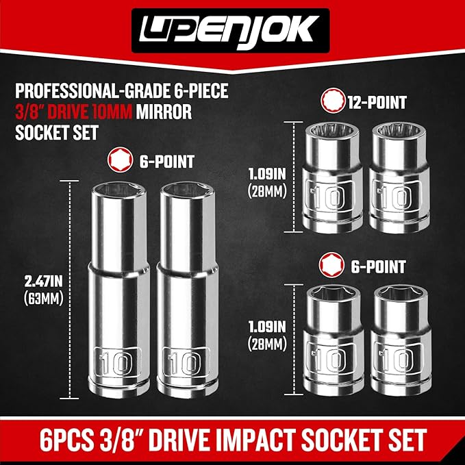 6PCS 3/8" Drive 10mm Socket Set, Deep & Shallow, Mirror Finish, Cr-V Steel