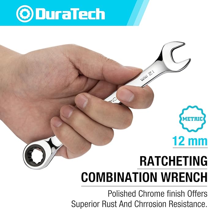 DURATECH 12mm Ratcheting Combination Wrench, Metric, 72-Tooth, 12-Point, CR-V Constructed with Mirror Polish